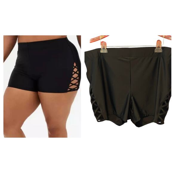 New Torrid 1 (1X 14/16) Black Strappy Lattice Side Bike Swim‎ Shorts 3.5" Inseam - Picture 1 of 2